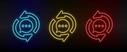 Neon icon set bubble chat, refresh. Set of red, blue, yellow neon vector icon on dark transparent background