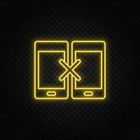 Yellow neon icon phone, sync, remove. Transparent background. Yellow neon vector icon on dark background