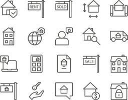 house, luck, security set vector icons. Real estate icon set. Simple Set of Real Estate Related Vector Line Icons. Contains such Icons as Map, Plan, Bedrooms on white background