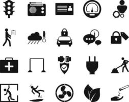 HSE concept, occupational safety and health hazardous, material, hand, production factory and environment, labor preventive instructions, worker protection vector icon set on white background