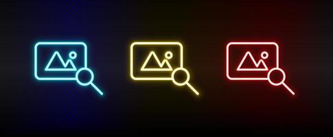 find, photo neon icon set. Set of red, blue, yellow neon vector icon on dark transparent background