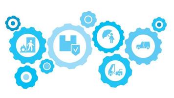 Connected gears and icons for logistic, service, shipping, distribution, transport, market, communicate concepts. Auto, gap, insurance, vehicle gear blue icon set on white background vector