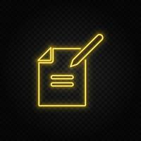 file, pencil yellow neon icon .Transparent background. Yellow neon vector icon on dark background