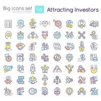 Attracting investors RGB color icons set. Involve funding. Develop startup. Isolated vector illustrations. Simple filled line drawings collection. Editable stroke