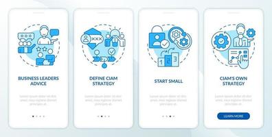 Start with CIAM blue onboarding mobile app screen. Optimize business walkthrough 4 steps editable graphic instructions with linear concepts. UI, UX, GUI template vector