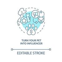 Turning pet into influencer turquoise concept icon. Home business for ladies abstract idea thin line illustration. Isolated outline drawing. Editable stroke vector