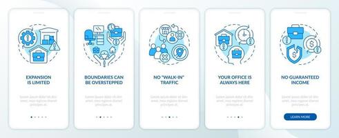 Starting home business caveats blue onboarding mobile app screen. Walkthrough 5 steps editable graphic instructions with linear concepts. UI, UX, GUI template vector