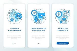 Develop and fine-tune startup idea blue onboarding mobile app screen. Walkthrough 3 steps editable graphic instructions with linear concepts. UI, UX, GUI template vector