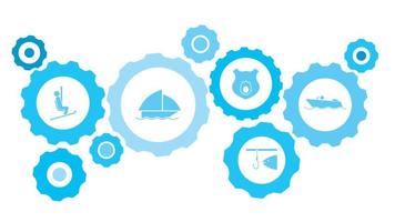 Boat gear blue icon set. Abstract background with connected gears and icons for logistic, service, shipping, distribution, transport, market, communicate concepts vector