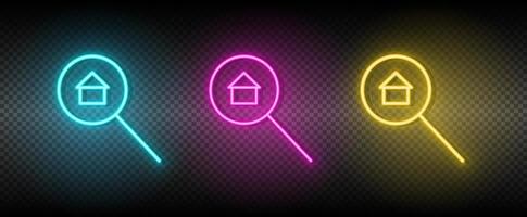 Real estate vector house, property, search. Illustration neon blue, yellow, red icon set