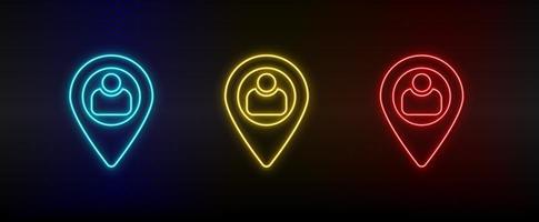 Neon icon set user, location. Set of red, blue, yellow neon vector icon on dark transparent background