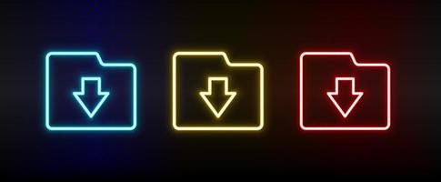 download, folder neon icon set. Set of red, blue, yellow neon vector icon on dark transparent background