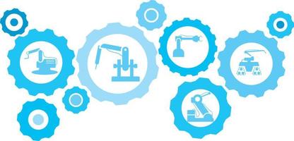 Robot, icon, technology, industry, factory blue gear set. Abstract background with connected gears and icons for logistic, service, shipping, distribution, transport, market, communicate concepts vector