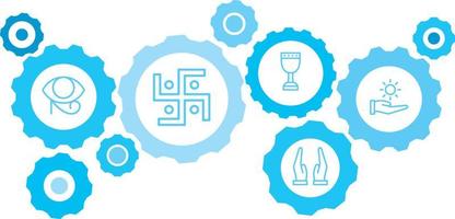 Spiritual symbol vector icon blue gear set. Abstract background with connected gears and icons for logistic, service, shipping, distribution, transport, market, communicate concepts