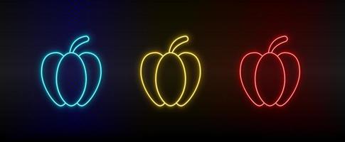 Neon icon set bell pepper. Set of red, blue, yellow neon vector icon on dark background