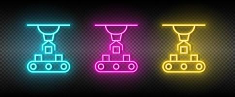 articulated robot, conveyor robot neon icon set. Technology vector illustration neon blue, yellow, red icon set