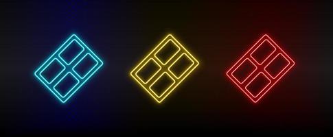 Neon icon set chocolate . Set of red, blue, yellow neon vector icon on dark background