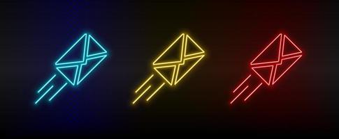 Neon icon set email. Set of red, blue, yellow neon vector icon on dark transparent background