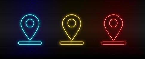 Neon icon set location, navigation. Set of red, blue, yellow neon vector icon on dark transparent background