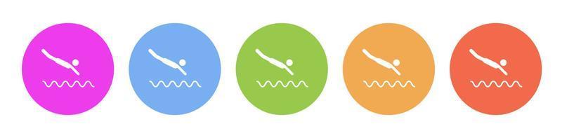 Multi colored flat icons on round backgrounds. Swimming jump multicolor circle vector icon on white background