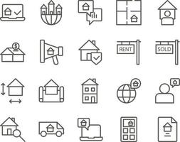 contract, document, property set vector icons. Real estate icon set. Simple Set of Real Estate Related Vector Line Icons. Contains such Icons as Map, Plan, Bedrooms on white background