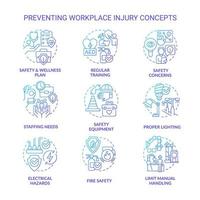 Minimizing workplace injury blue gradient concept icons set. Worker health. Creating safe workspace idea thin line color illustrations. Isolated symbols vector