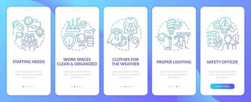 Tips to reduce workplace accidents blue gradient onboarding mobile app screen. Walkthrough 5 steps graphic instructions with linear concepts. UI, UX, GUI template vector