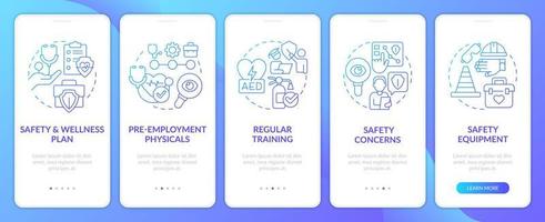 Employee injuries prevention tips blue gradient onboarding mobile app screen. Walkthrough 5 steps graphic instructions with linear concepts. UI, UX, GUI template vector