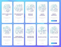 Reducing accidents at work tips blue gradient onboarding mobile app screen set. Walkthrough 5 steps graphic instructions with linear concepts. UI, UX, GUI template vector