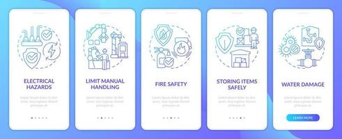 Ways to minimize workplace injuries blue gradient onboarding mobile app screen. Walkthrough 5 steps graphic instructions with linear concepts. UI, UX, GUI template vector