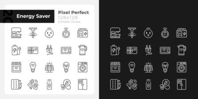 Energy saver pixel perfect linear icons set for dark, light mode. Smart home appliances. Internet of things. Thin line symbols for night, day theme. Isolated illustrations. Editable stroke vector