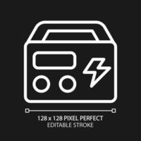 Portable power station pixel perfect white linear icon for dark theme. Rechargeable device. Appliance for home, camping. Thin line illustration. Isolated symbol for night mode. Editable stroke vector