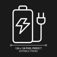 Rechargeable battery pixel perfect white linear icon for dark theme. Energy accumulator. Portable power storage. Thin line illustration. Isolated symbol for night mode. Editable stroke vector