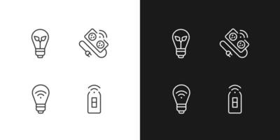 Home lighting pixel perfect linear icons set for dark, light mode. Smart, energy efficient bulb. Innovative power strip. Thin line symbols for night, day theme. Isolated illustrations. Editable stroke vector