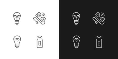 Home lighting pixel perfect linear icons set for dark, light mode. Smart, energy efficient bulb. Innovative power strip. Thin line symbols for night, day theme. Isolated illustrations. Editable stroke vector