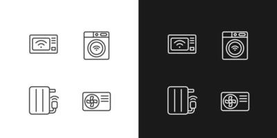 Automated electric appliances pixel perfect linear icons set for dark, light mode. Energy savers. Smart microwave oven. Thin line symbols for night, day theme. Isolated illustrations. Editable stroke vector