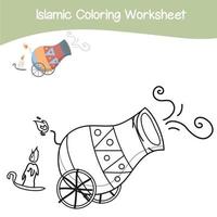 Islamic coloring worksheet. Islamic religion items coloring book. Vector set of Islamic items on white background. Vector illustrations.