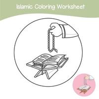 Islamic coloring worksheet. Islamic religion items coloring book. Vector set of Islamic items on white background. Vector illustrations.