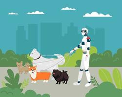 Alien robots, future technology cartoon characters. Robotic life forms, futuristic machines or cyborgs Walking the dogs vector, vector