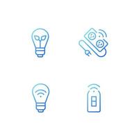 Home lighting pixel perfect gradient linear vector icons set. Smart, energy efficient bulb. Innovative power strip. Thin line contour symbol designs bundle. Isolated outline illustrations collection