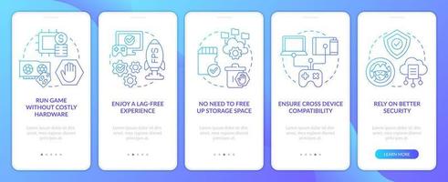 Cloud gaming benefits blue gradient onboarding mobile app screen. AR, VR walkthrough 5 steps graphic instructions with linear concepts. UI, UX, GUI template vector