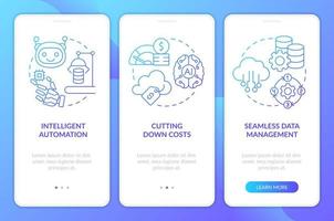 AI in database computing pros blue gradient onboarding mobile app screen. Walkthrough 3 steps graphic instructions with linear concepts. UI, UX, GUI template vector