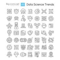 Data science trends linear icons set. Information analytics technology. Datalogy innovations. Customizable thin line symbols. Isolated vector outline illustrations. Editable stroke