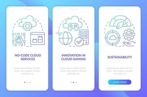 Cloud computing technologies pros blue gradient onboarding mobile app screen. Walkthrough 3 steps graphic instructions with linear concepts. UI, UX, GUI template vector