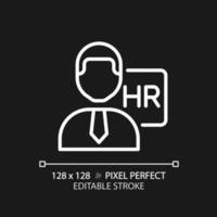 HR manager pixel perfect white linear icon for dark theme. Coordinates recruitment process. Human resources. Work position. Thin line illustration. Isolated symbol for night mode. Editable stroke vector