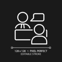 Job interview pixel perfect white linear icon for dark theme. Work conversation. Questioning candidate. Human resources. Thin line illustration. Isolated symbol for night mode. Editable stroke vector