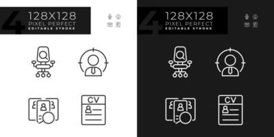 Worker selection process pixel perfect linear icons set for dark, light mode. Job position. Applicant resume. Employee. Thin line symbols for night, day theme. Isolated illustrations. Editable stroke vector