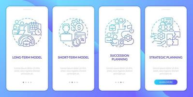 IT staffing models blue gradient onboarding mobile app screen. Hiring walkthrough 4 steps graphic instructions with linear concepts. UI, UX, GUI template vector