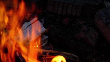 braten Marshmallows auf ein Lagerfeuer ist ein Sommer- Picknick Unterhaltung. karamellisiert Marshmallows auf ein Stock auf ein öffnen Feuer - - Süße zum ein Kind, Familie Ferien