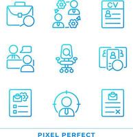 Hiring process organization pixel perfect gradient linear vector icons set. Application. Job interview. Employment. Thin line contour symbol designs bundle. Isolated outline illustrations collection